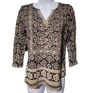 Lucky Brand Women Woodblock Floral Print Tunic Blouse Black Tan Small 3/4 Sleeve